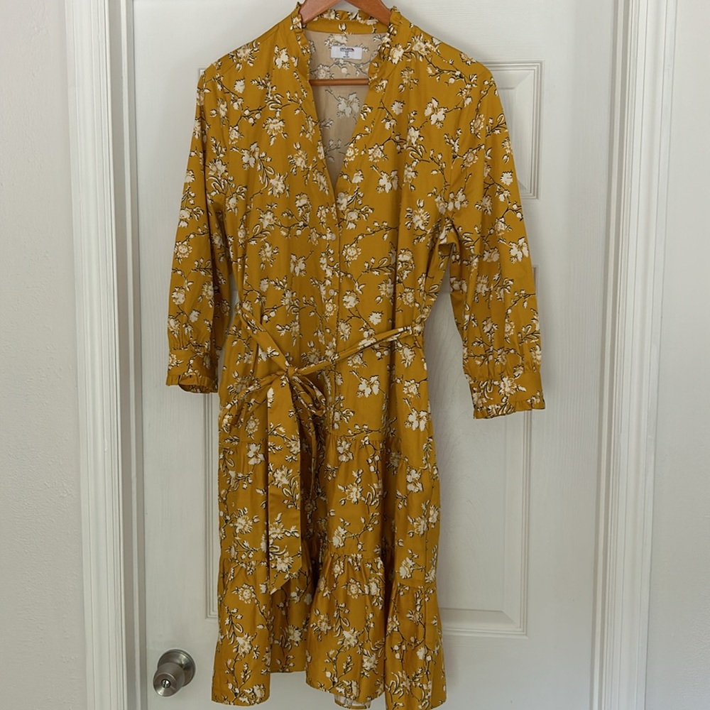 UNTUCKit Jane Shirt Dress Womens 12 Yellow Floral Tie Tiered V-Neck Long Sleeve - Picture 3 of 10